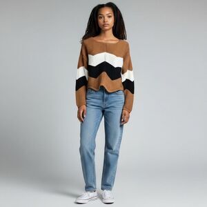 NWT no Comment long Sleeve lace Up Back Brown Black White Striped Sweater size L